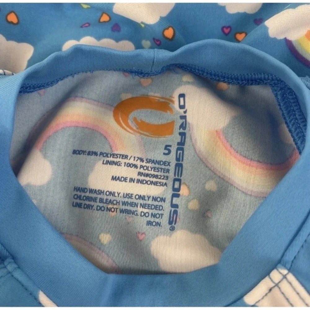O'Rageous Rash‎ Guard Swim Top Girls Size 5 Blue Rainbow Ruffle Kids